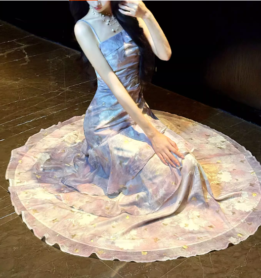 Vintage Lilac Floral Mermaid Spaghetti Strap Evening Dress Long Prom Dress TP4996