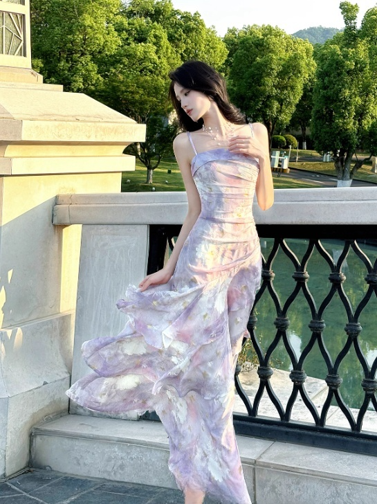 Vintage Lilac Floral Mermaid Spaghetti Strap Evening Dress Long Prom Dress TP4996