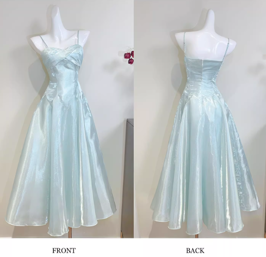 Elegant Sky Blue Sweetheart Spaghetti Strap Evening Dress Satin A-Line Long Prom Dress TP4998