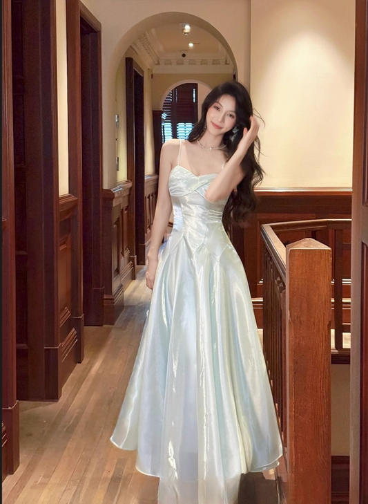 Elegant Sky Blue Sweetheart Spaghetti Strap Evening Dress Satin A-Line Long Prom Dress TP4998