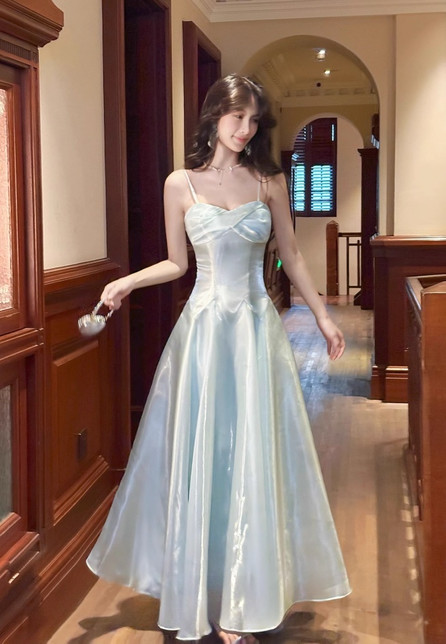 Elegant Sky Blue Sweetheart Spaghetti Strap Evening Dress Satin A-Line Long Prom Dress TP4998