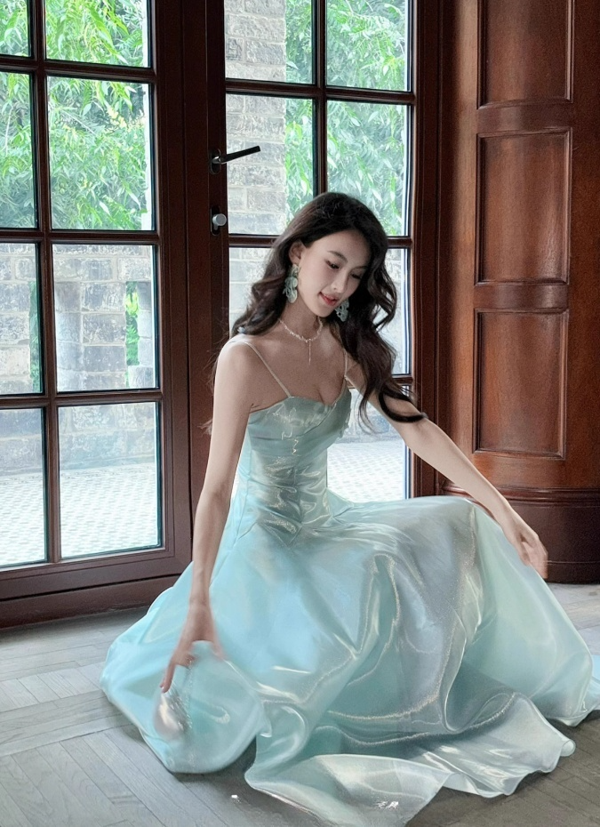 Elegant Sky Blue Sweetheart Spaghetti Strap Evening Dress Satin A-Line Long Prom Dress TP4998