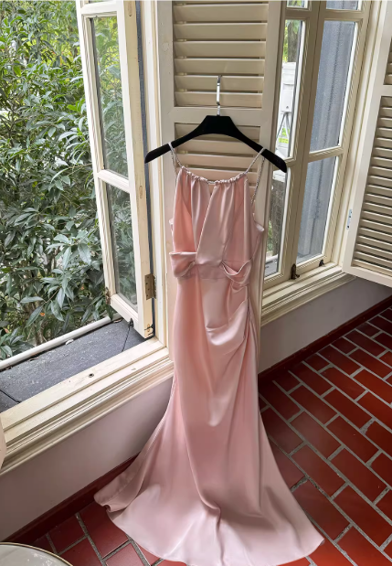 Elegant Pink Spaghetti Strap Evening Dress Satin Sheath Long Prom Dress TP4999