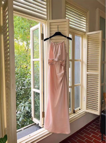 Elegant Pink Spaghetti Strap Evening Dress Satin Sheath Long Prom Dress TP4999