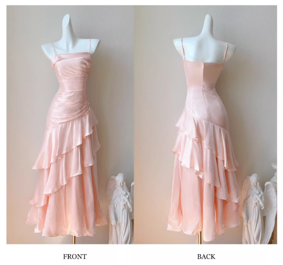 Vintage Pink Spaghetti Strap Evening Dress Satin Sheath Long Prom Dress TP5000
