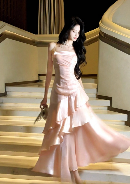 Vintage Pink Spaghetti Strap Evening Dress Satin Sheath Long Prom Dress TP5000