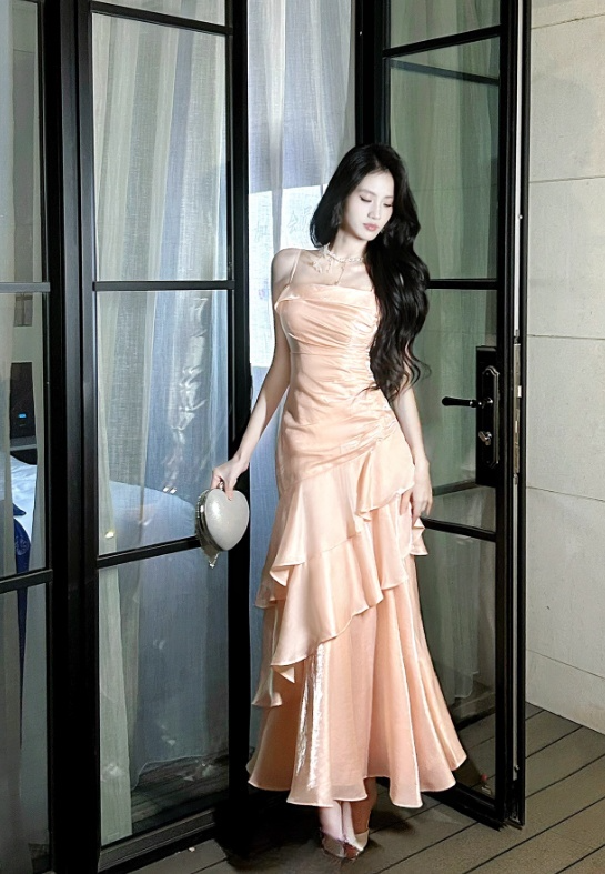 Vintage Pink Spaghetti Strap Evening Dress Satin Sheath Long Prom Dress TP5000