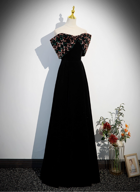 Vintage Black Beaded Evening Dress A-Line Off-the-shoulder Long Prom Dress TP5002