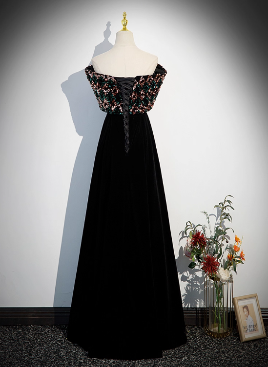 Vintage Black Beaded Evening Dress A-Line Off-the-shoulder Long Prom Dress TP5002