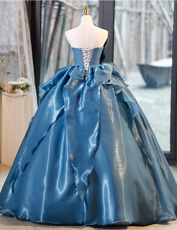 Vintage Blue Satin Sweet 16 Quinceanera A-Line Strapless Evening Dress Ruffled Long Ball Gown TP5003