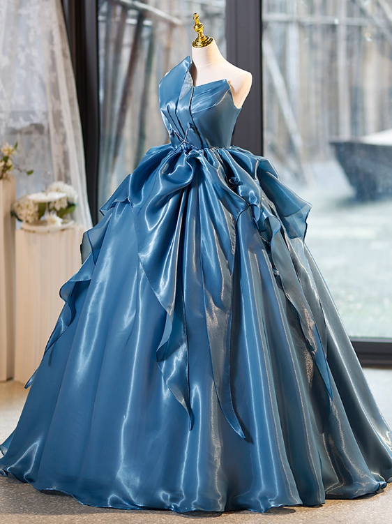 Vintage Blue Satin Sweet 16 Quinceanera A-Line Strapless Evening Dress Ruffled Long Ball Gown TP5003