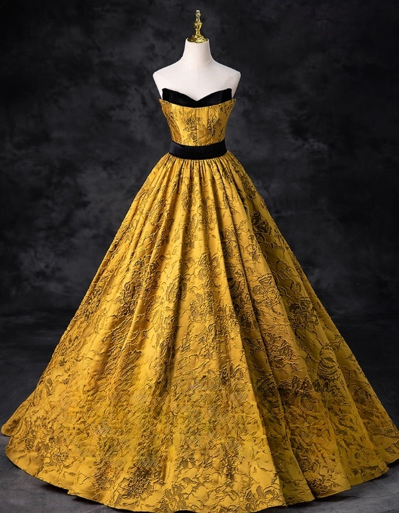 Vintage Royal Yellow Satin Embroidery Sweet 16 Quinceanera A-Line Evening Dress Long Ball Gown TP5005
