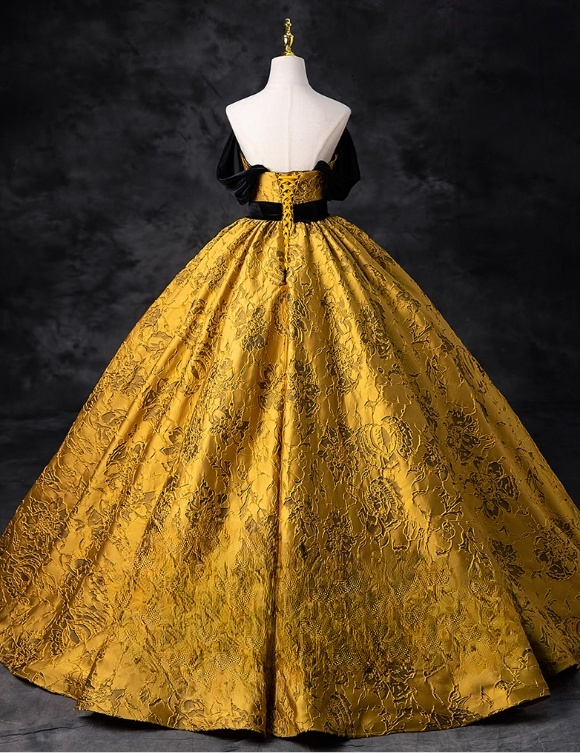 Vintage Royal Yellow Satin Embroidery Sweet 16 Quinceanera A-Line Evening Dress Long Ball Gown TP5005