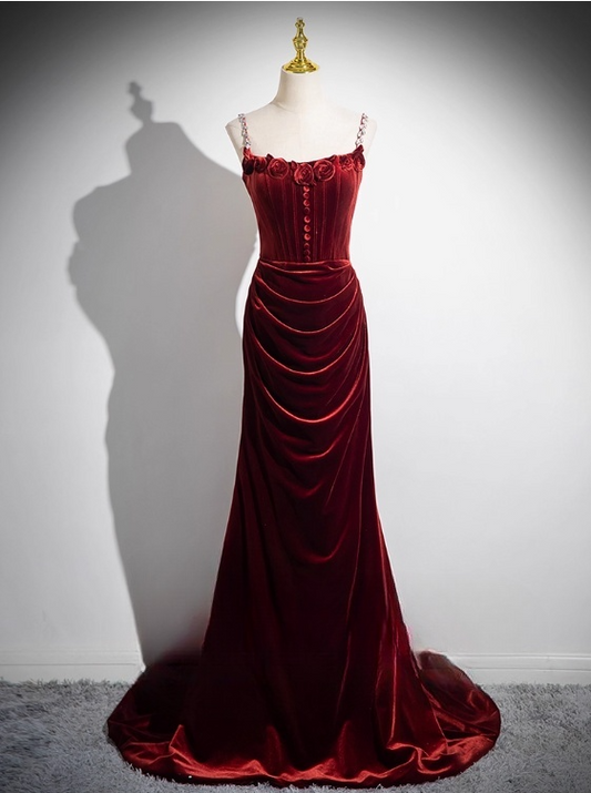 Vintage Burgundy Velvet Spaghetti Strap Evening Dress Sheath 3D Flowers Long Prom Dress TP5006