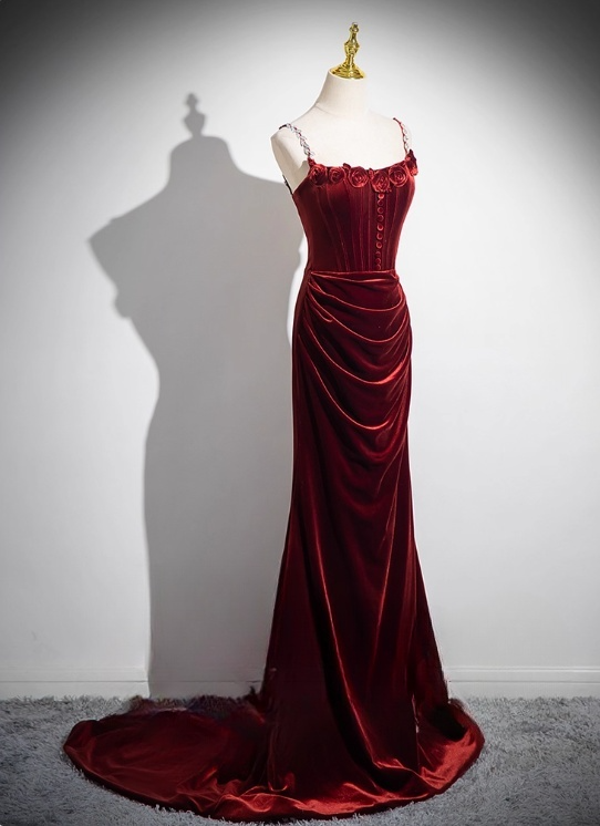 Vintage Burgundy Velvet Spaghetti Strap Evening Dress Sheath 3D Flowers Long Prom Dress TP5006