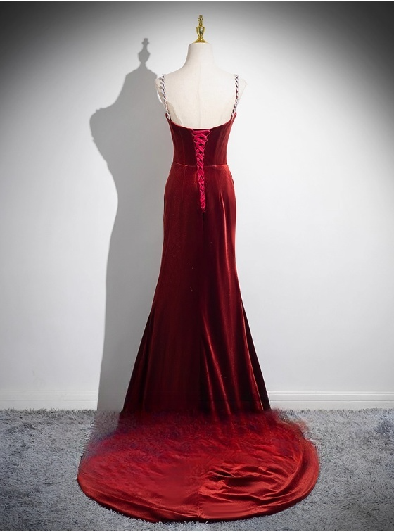Vintage Burgundy Velvet Spaghetti Strap Evening Dress Sheath 3D Flowers Long Prom Dress TP5006