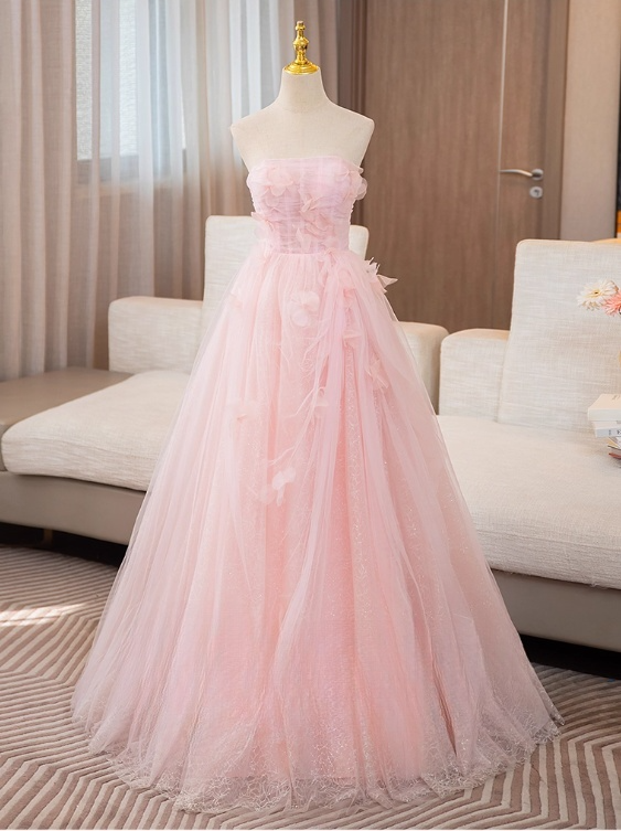 Vintage Pink Tulle Sweet 16 Quinceanera A-Line Strapless Evening Dress Long Ball Gown TP5007
