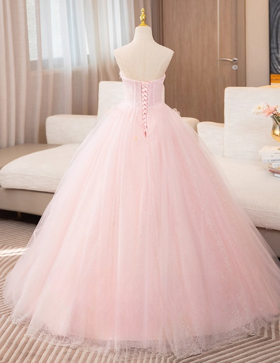 Vintage Pink Tulle Sweet 16 Quinceanera A-Line Strapless Evening Dress Long Ball Gown TP5007
