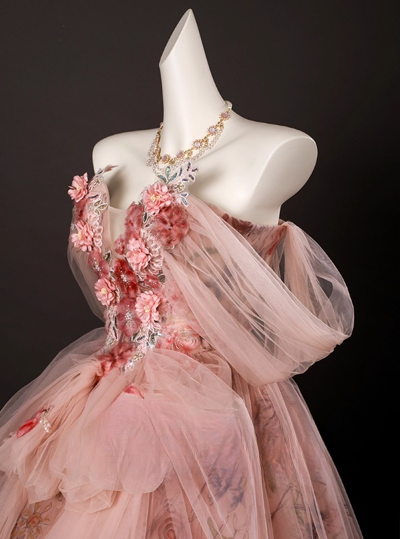 Vintage Pink Floral Applique Tulle Sweet 16 Quinceanera A-Line Off-the-shoulder Evening Dress Long Ball Gown TP5009