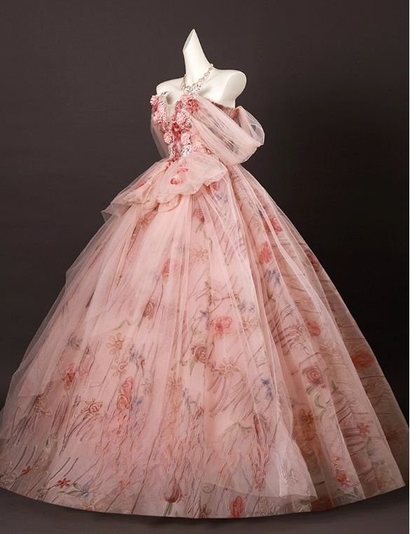 Vintage Pink Floral Applique Tulle Sweet 16 Quinceanera A-Line Off-the-shoulder Evening Dress Long Ball Gown TP5009