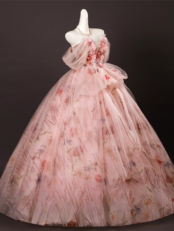 Vintage Pink Floral Applique Tulle Sweet 16 Quinceanera A-Line Off-the-shoulder Evening Dress Long Ball Gown TP5009