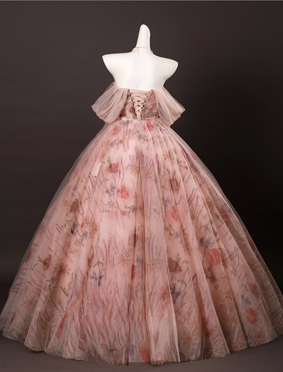Vintage Pink Floral Applique Tulle Sweet 16 Quinceanera A-Line Off-the-shoulder Evening Dress Long Ball Gown TP5009