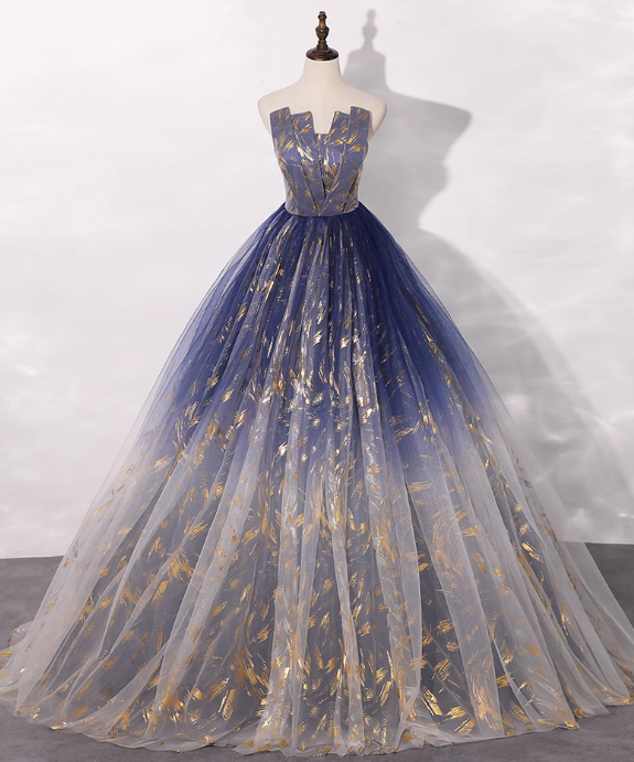 Vintage Gradient Navy Blue Tulle Sweet 16 Quinceanera A-Line Strapless Evening Dress Long Ball Gown TP5010