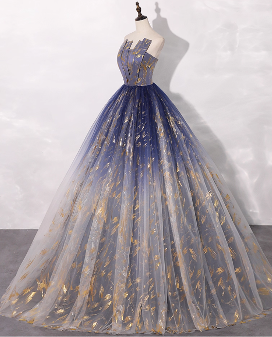 Vintage Gradient Navy Blue Tulle Sweet 16 Quinceanera A-Line Strapless Evening Dress Long Ball Gown TP5010