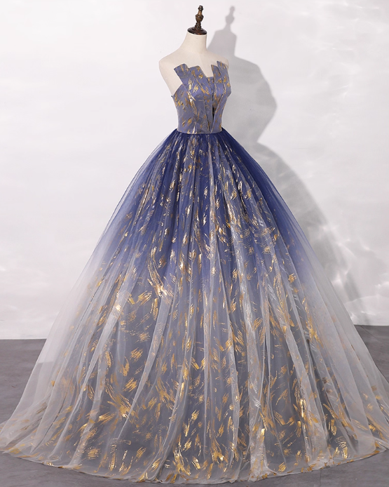 Vintage Gradient Navy Blue Tulle Sweet 16 Quinceanera A-Line Strapless Evening Dress Long Ball Gown TP5010
