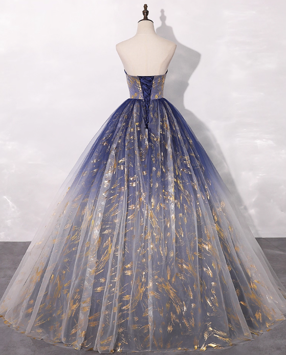 Vintage Gradient Navy Blue Tulle Sweet 16 Quinceanera A-Line Strapless Evening Dress Long Ball Gown TP5010