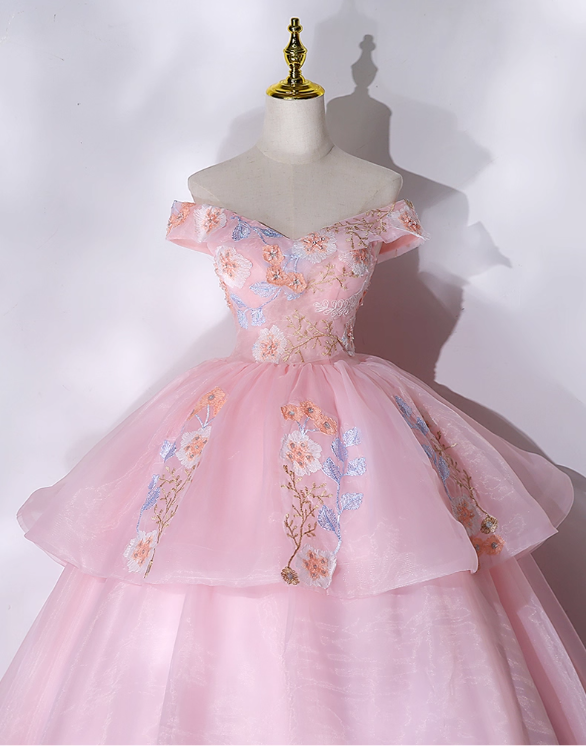Vintage Pink Applique Tulle Sweet 16 Quinceanera A-Line Off-the-shoulder Evening Dress Long Ball Gown TP5012