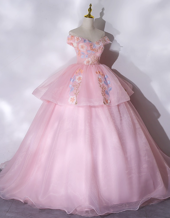 Vintage Pink Applique Tulle Sweet 16 Quinceanera A-Line Off-the-shoulder Evening Dress Long Ball Gown TP5012