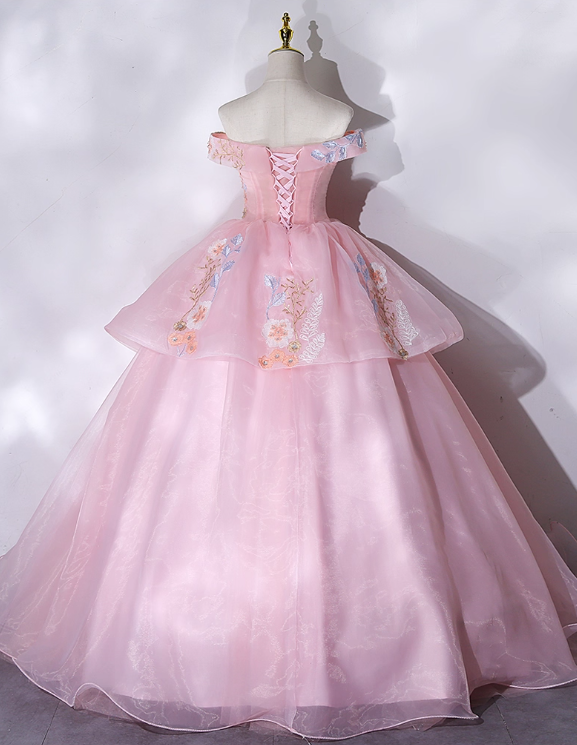 Vintage Pink Applique Tulle Sweet 16 Quinceanera A-Line Off-the-shoulder Evening Dress Long Ball Gown TP5012