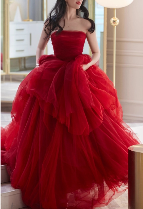 Vintage Red Tulle Sweet 16 Quinceanera A-Line Strapless Evening Dress Long Ball Gown TP5013