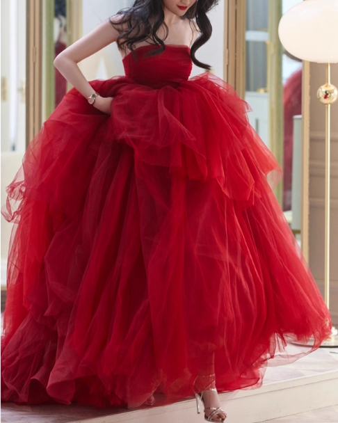 Vintage Red Tulle Sweet 16 Quinceanera A-Line Strapless Evening Dress Long Ball Gown TP5013