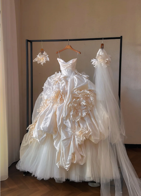 Gorgeous Ivory 3D Flowers Strapless A-Line Satin Long Wedding Dress TP5035