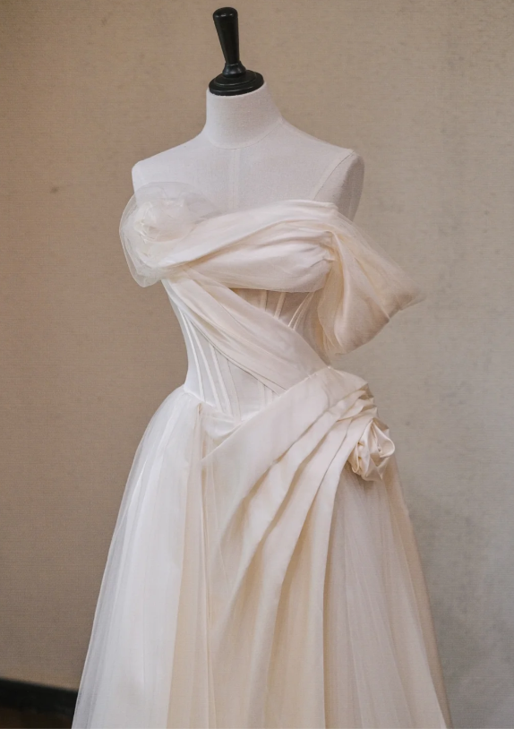 Gorgeous Ivory Satin Off-the-shoulder A-Line Long Wedding Dress TP5036