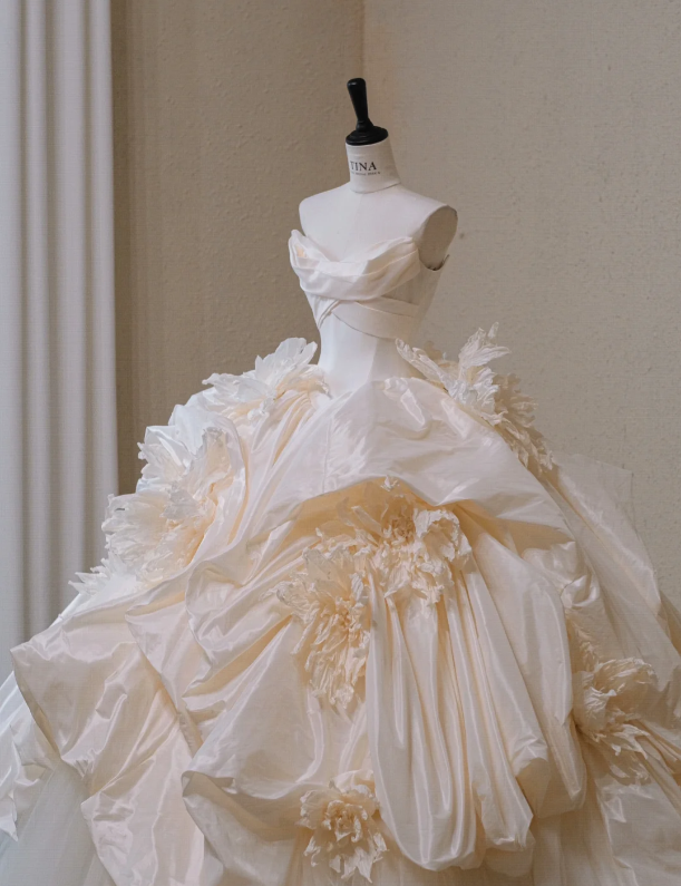 Gorgeous Ivory Satin 3D Flowers A-Line Strapless Long Wedding Dress TP5047