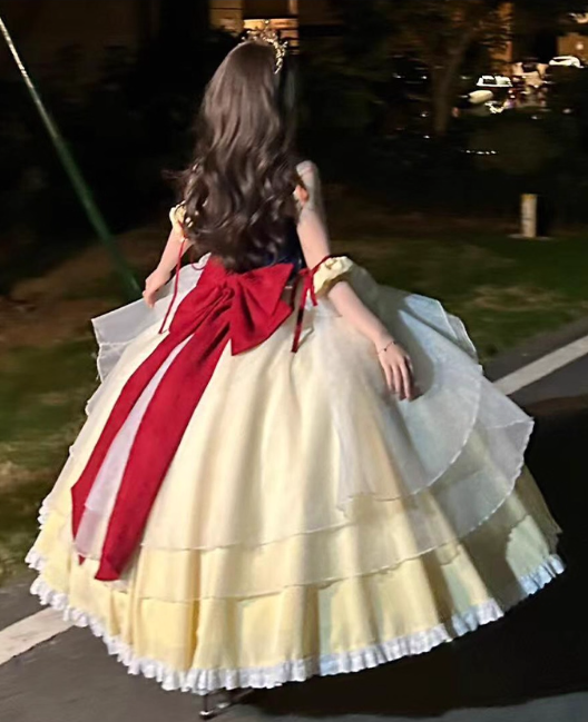 Snow White Inspired Lolita Ball Gown – Vintage Velvet & Tulle Princess Dress with Red Bow TP5066