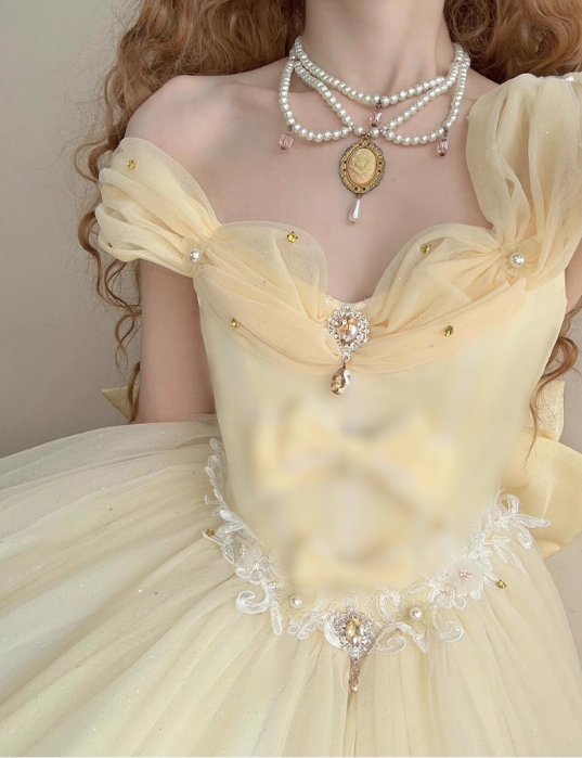 Vintage Yellow Tulle Lolita Ball Gown – Off-the-shoulder Princess Dress with Bow & Lace Details TP5069