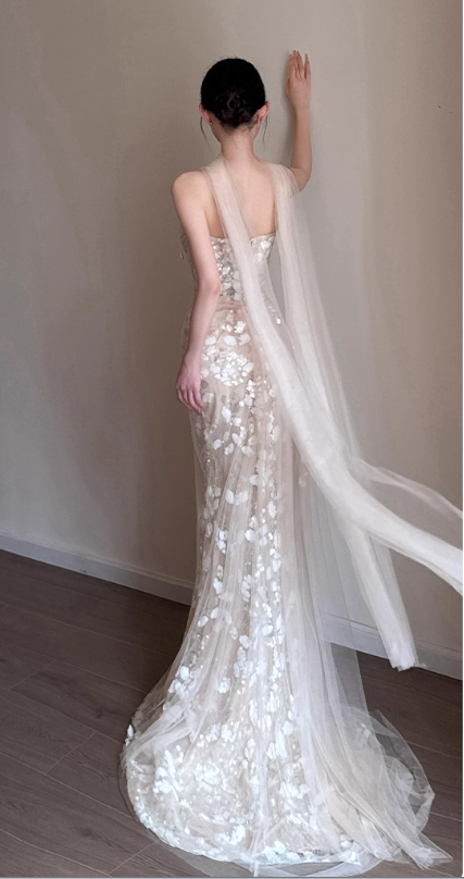 Chic Champagne Strapless Floral Mermaid Tulle Pearl Accents Evening Gown TP5265