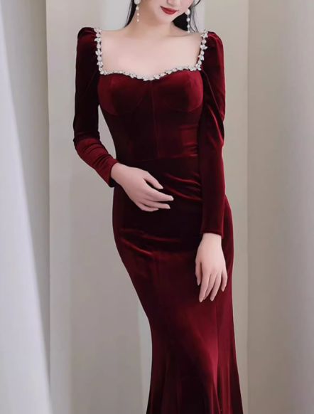 Elegant Burgundy Velvet Sheath Rhinestone Square Neckline Long-Sleeve Evening Gown TP5281