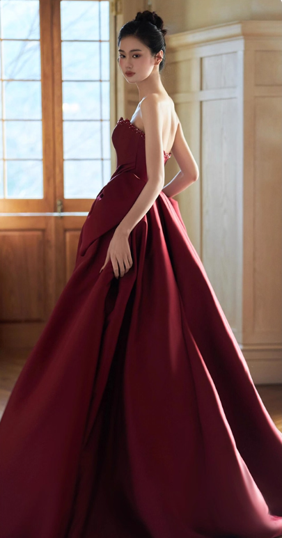 Elegant Burgundy Satin Strapless Sweet 16 A-Line Oversized Bow Quinceanera Ball Gown TP5287