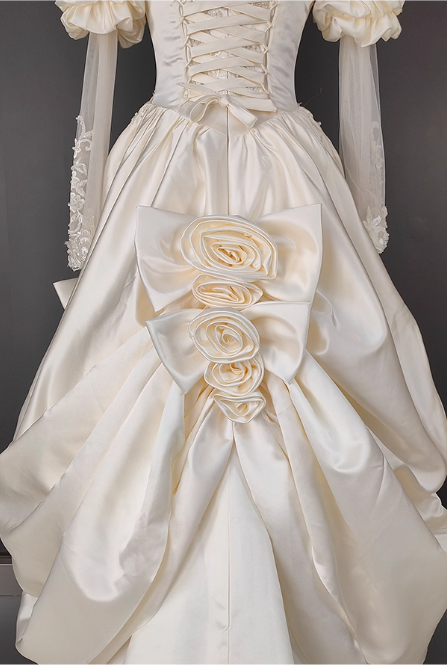 Glamorous Ivory Satin Sweetheart Puff Sleeve A-Line Applique Cathedral Train Wedding Dress TP5299