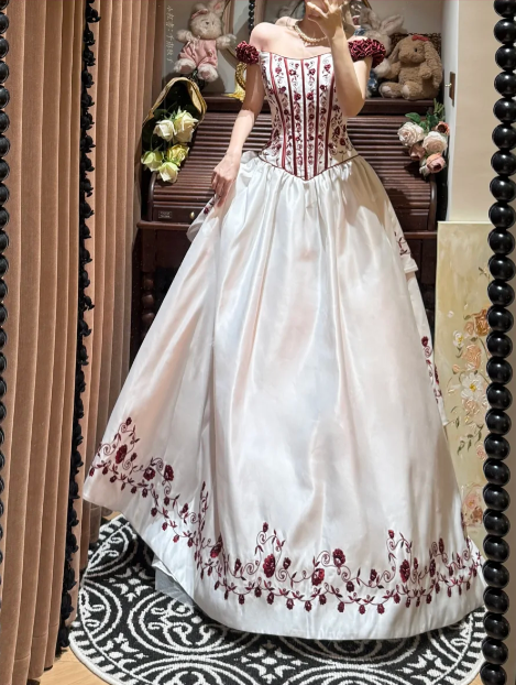 Elegant Burgundy Off-Shoulder Rose Embroidery A-Line Evening Gown TP5404