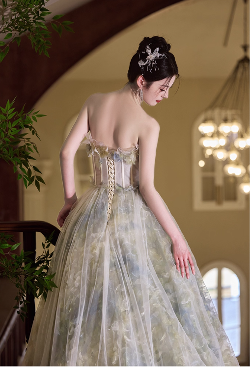 Chic Watercolor Strapless Floral Tulle Ruffled Sweet 15 Quinceanera Ball Gown TP5428