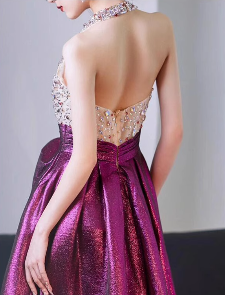 Glamorous Fuchsia Halter-Neck Rhinestone Beaded Shimmer Satin High Slit Evening Gown TP5429