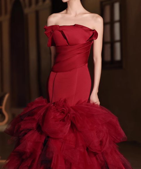 Vintage Burgundy Strapless Mermaid Ruffled Tulle Evening Gown TP5461