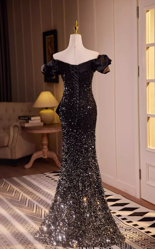 Vintage Black Off-Shoulder Sequin Mermaid Evening Gown TP5464