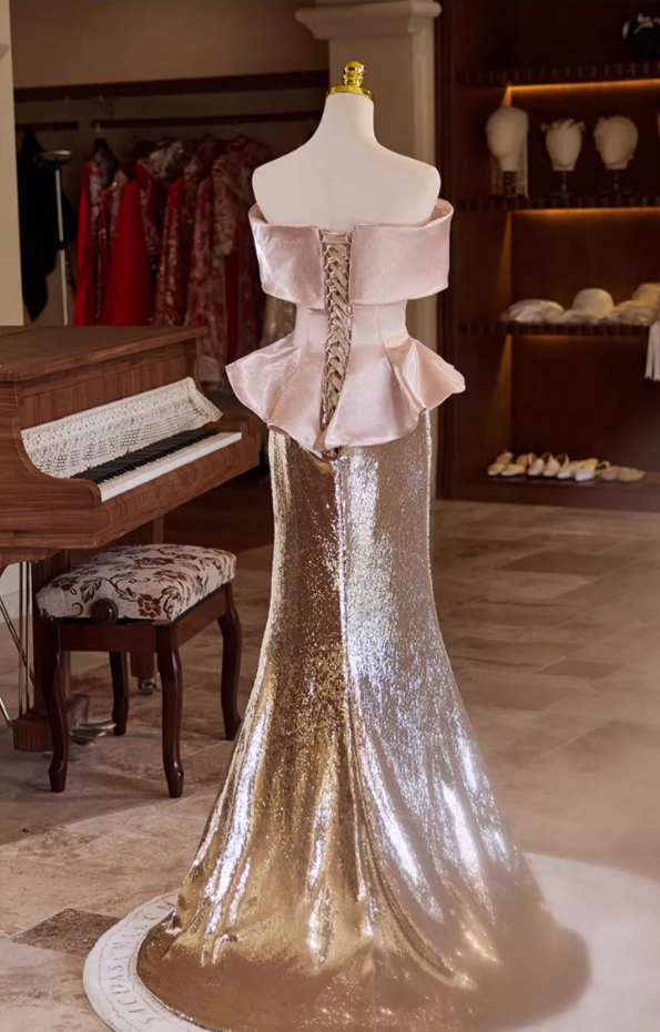 Vintage Pink & Rose Gold Glitter Satin Sheath Off-Shoulder Peplum Evening Gown TP5468